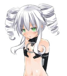 Rule 34 | 10s, 1girl, black sister, blush, drill hair, green eyes, himajin (starmine), long hair, looking at viewer, neptune (series), solo, symbol-shaped pupils, thighhighs, twin drills, uni (neptunia), white hair