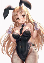 Rule 34 | 1girl, akabane (zebrasmise), animal ears, bare shoulders, between breasts, black leotard, blush, breasts, brown eyes, brown hair, covered navel, cowboy shot, detached collar, fake animal ears, fishnet pantyhose, fishnets, gloves, groin, hands up, highleg, highleg leotard, highres, large breasts, leotard, long hair, looking at viewer, necktie, nijisanji, open mouth, pantyhose, playboy bunny, rabbit ears, short necktie, sister claire, smile, solo, strapless, strapless leotard, virtual youtuber, white gloves