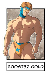 Rule 34 | 1boy, abs, bara, blonde hair, booster gold, bulge, character name, dc comics, dkmate, large pectorals, male focus, male underwear, mask, muscular, muscular male, navel, nipples, orange male underwear, pectorals, short hair, smile, solo, thick thighs, thighs, underwear