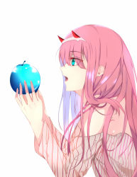 Rule 34 | 1girl, aqua eyes, bare shoulders, blue apple, cardigan, darling in the franxx, food, fruit, hair between eyes, holding, holding food, holding fruit, horns, long hair, looking away, open mouth, pink hair, profile, solo, teeth, upper body, upper teeth only, white background, white cardigan, xi ying, zero two (darling in the franxx)