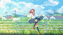 Rule 34 | 1girl, against fence, atelier umiyury, bag, bird, blue sailor collar, brown footwear, brown hair, building, cat, closed eyes, cloud, cloudy sky, commentary, day, fence, field, grass, highres, holding, holding pencil, loafers, long hair, long sleeves, original, outdoors, pencil, petals, power lines, sailor collar, scenery, school bag, school uniform, serafuku, shoes, sitting on fence, skirt, sky, smile, socks, utility pole, white cat, wind