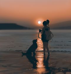 Rule 34 | 1girl, animal, backlighting, backpack, bag, beach, brown theme, camera, dog, facing away, from behind, high ponytail, highres, holding, holding camera, original, outdoors, sand, snatti, solo, standing, strapless, summer, sun, sunlight, sunset, water