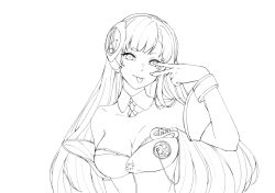 Rule 34 | 1girl, :p, armband, breasts, collarbone, commentary, detached collar, dress, english commentary, greyscale, large breasts, lineart, long hair, looking at viewer, megurine luka, megurine luka (vocaloid4), monochrome, solo, strapless, strapless dress, tongue, tongue out, upper body, v, v over eye, very long hair, vocaloid, white background, wrist cuffs, yen-mi