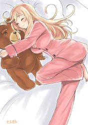 Rule 34 | 10s, 1girl, artist name, atago (kancolle), barefoot, bed, blonde hair, breasts, cleavage, closed eyes, kantai collection, long hair, lying, on side, pajamas, pants, pillow, pink pants, sensen, smile, solo, stuffed animal, stuffed toy, ted (movie), ted (ted), teddy bear, thumbs up