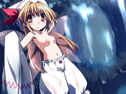 Rule 34 | 1girl, blonde hair, bloomers, blush, breasts, collarbone, dress, fairy wings, forest, hat, hemogurobin a1c, lily white, looking at viewer, nature, navel, nipples, rain, small breasts, solo, topless, touhou, underwear, underwear only, unworn dress, wet bloomers, wet clothes, white bloomers, white dress, wings, yellow eyes