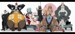 Rule 34 | 1girl, 6+boys, arms behind head, bare shoulders, bartholomew kuma, black hair, blonde hair, blue upholstery, boa hancock, breasts, brown hair, cigar, couch, crocodile (one piece), donquixote doflamingo, dracule mihawk, earrings, gecko moria, highres, hook, jewelry, jinbe (one piece), large breasts, legs, long hair, long image, looking at viewer, multiple boys, one piece, salome (one piece), scar, shitara (kaimetsu joutai), short hair, simple background, sitting, smile, snake, sunglasses, sword, weapon, white background, wide image