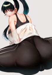 Rule 34 | 1girl, ass, back, bare shoulders, black hair, cameltoe, earrings, grey background, hairband, highres, huge ass, jewelry, long hair, looking at viewer, looking back, mature female, open mouth, pants, ponytail, red eyes, silly (marinkomoe), solo, split, sports bra, spy x family, sweat, thong, tight clothes, tight pants, yoga pants, yor briar