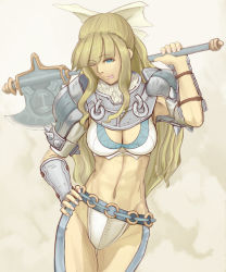 Rule 34 | 1girl, ;p, abs, armor, armpits, axe, blonde hair, blue eyes, bow, bracer, breasts, chain belt, chain, charlotte (fire emblem), cleavage, contrapposto, eyelashes, fire emblem, fire emblem fates, grey background, hair bow, hand on own hip, hand up, holding, holding axe, holding weapon, large bow, long hair, midriff, nail polish, navel, nintendo, nonji (sayglo halo), one eye closed, over shoulder, pauldrons, pink nails, shoulder armor, sidelocks, solo, standing, tongue, tongue out, very long hair, wavy hair, weapon, weapon over shoulder, white bow