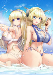 Rule 34 | 2girls, ass, back-to-back, bikini, blonde hair, blue eyes, blue sky, breasts, colorado (kancolle), fletcher (kancolle), hair ornament, headgear, highres, kantai collection, large breasts, long hair, multiple girls, navel, pulumelo, purple eyes, short hair, sitting, sky, smile, star (symbol), star hair ornament, swimsuit, wariza, water