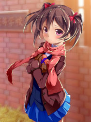 Rule 34 | 10s, 1girl, blue skirt, blurry, brick wall, brown hair, depth of field, love live!, love live! school idol festival, love live! school idol project, noumin, parted lips, pleated skirt, red eyes, scarf, skirt, solo, twintails, valentine, yazawa nico