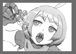 Rule 34 | ahoge, blurry, blurry foreground, border, character request, copyright request, greyscale, helpless, imminent vore, looking up, mini person, miniboy, monochrome, mop, open mouth, short hair, sin (sintrybest), size difference, soft vore, tongue, tongue out, uvula, vore
