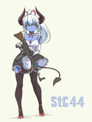 Rule 34 | 1girl, apron, assault rifle, black sclera, black thighhighs, blue skin, breasts, cleavage, closed mouth, colored sclera, colored skin, contrapposto, demon girl, demon horns, demon tail, detached collar, elbow gloves, full body, garter straps, gloves, grey hair, gun, high heels, holding, holding gun, holding weapon, horns, large breasts, looking at viewer, maid, maid apron, maid headdress, neck ribbon, original, pas (paxiti), ponytail, red footwear, red ribbon, ribbon, rifle, slit pupils, solo, standing, stg44, tail, thighhighs, weapon, white apron, white gloves, yellow eyes
