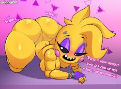 Rule 34 | 1girl, artist request, ass, ass shake, bird, black sclera, blush, breasts, chicken, cleavage, colored sclera, eyeshadow, female focus, fingerless gloves, five nights at freddy&#039;s, floor, furry, gloves, half-closed eyes, huge ass, large breasts, makeup, purple eyeshadow, purple gloves, robot, seductive smile, sharp teeth, short hair, smile, solo, source request, teeth, thick thighs, thighs, top-down bottom-up, toy chica, typo, white eyes