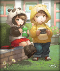 Rule 34 | 1boy, 1girl, animal costume, artist name, bad id, bad pixiv id, bear, box, brown eyes, brown hair, child, day, denim, eating, flower, flower pot, food, grass, handheld game console, hood, hoodie, jeans, kneehighs, lost elle, mouth hold, original, outdoors, panda, pants, playing, playstation portable, pocky, shoes, sitting, skirt, smile, sneakers, socks, stuffed animal, stuffed toy