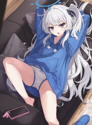 Rule 34 | 1girl, aged down, blue archive, blue halo, blue hoodie, blush, braid, cellphone, couch, grey hair, hair between eyes, halo, highres, hood, hood down, hoodie, long hair, long sleeves, looking at viewer, miyako (blue archive), miyako (young) (blue archive), official alternate costume, one side up, open mouth, panties, phone, polka dot, polka dot panties, purple eyes, ripnte, slippers, smartphone, solo, underwear, white panties