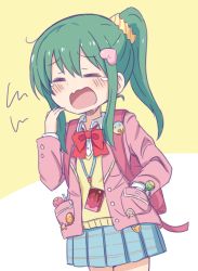 Rule 34 | 1girl, = =, backpack, bag, blue skirt, blush, bow, bowtie, candy, closed eyes, collared shirt, cowboy shot, dutch angle, food, food-themed hair ornament, green hair, guriin, hair between eyes, hair ornament, hair scrunchie, hand in pocket, high ponytail, jacket, lanyard, lollipop, long sleeves, open clothes, open jacket, open mouth, peach hair ornament, pink jacket, pleated skirt, ponytail, red bow, red bowtie, safety pin, school uniform, scrunchie, serizawa momoka, shirt, sidelocks, skirt, solo, sweater vest, tears, tokyo 7th sisters, white shirt, yawning, yellow scrunchie