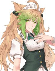 Rule 34 | 1girl, ahoge, alternate costume, animal ears, atalanta (fate), blonde hair, breasts, cat ears, enmaided, fate/apocrypha, fate (series), green eyes, green hair, highres, hikichi sakuya, long hair, long sleeves, looking at viewer, maid, maid headdress, multicolored hair, puffy short sleeves, puffy sleeves, short sleeves, simple background, small breasts, smile, solo, two-tone hair, upper body, very long hair, white background
