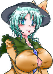 Rule 34 | 1girl, :p, absurdres, alternate breast size, aqua eyes, aqua hair, bad proportions, blue eyes, blush, breasts, bursting breasts, buttons, capelet, center opening, cleavage, collarbone, colored eyelashes, eko (yu-shao-eko), hat, highres, komeiji koishi, large breasts, long sleeves, looking at viewer, multicolored eyes, poorly drawn, shirt, short hair, simple background, solo, straining buttons, tongue, tongue out, touhou, upper body, white background, yellow shirt