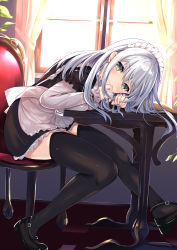 Rule 34 | 1girl, absurdres, apron, black thighhighs, breasts, brown eyes, chair, commentary request, day, hair between eyes, highres, long hair, long sleeves, looking at viewer, maid, maid apron, maid headdress, medium breasts, original, plant, shoes, silver hair, sitting, smile, solo, sumisuzu, table, thighhighs, window
