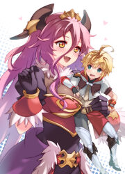 Rule 34 | 1boy, 1girl, ahoge, blonde hair, blue eyes, blush, breasts, carrying, carrying person, dragalia lost, dragon horns, ekra, euden, fang, fingerless gloves, gloves, hair between eyes, heart, highres, horns, large breasts, long bangs, long hair, mym (dragalia lost), open mouth, red eyes, red hair, short hair, size difference, skin fang, sweatdrop, very long hair