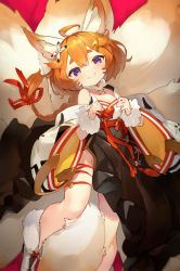 Rule 34 | 1girl, ahoge, animal, animal ear fluff, animal ears, animal hands, blurry, braid, breasts, collarbone, commentary, crossed bangs, eight-tailed fox nari, facepaint, feet out of frame, fox ears, fox girl, fox tail, groin, guardian tales, hair between eyes, hair ornament, hair ribbon, hairclip, hands up, highres, holding, holding animal, korean clothes, light blush, long hair, looking at viewer, multiple tails, orange hair, purple eyes, red background, red ribbon, ribbon, short eyebrows, skindentation, small breasts, smile, tail, thigh strap, wide sleeves, yogurt bakudan