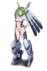 Rule 34 | 1girl, absurdres, bare shoulders, breasts, center opening, collar, collarbone, full body, green eyes, green hair, halterneck, hand on own hip, head tilt, headgear, highleg, highleg leotard, highres, hip bones, large breasts, leotard, looking at viewer, mecha musume, mechanical legs, mechanical wings, navel, northman, original, ringed eyes, simple background, solo, standing, tachi-e, thigh strap, wavy hair, white background, wings