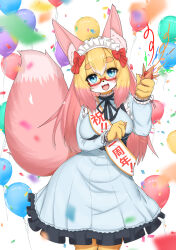 Rule 34 | 1girl, :3, absurdres, animal ear fluff, animal ears, animal hands, animal nose, balloon, black ribbon, blonde hair, blue dress, blue eyes, blurry, blurry foreground, blush, bow, breasts, claws, commission, confetti, dress, fang, female focus, fox ears, fox girl, fox tail, frilled dress, frilled sleeves, frills, furry, furry female, glasses, hair bow, hands up, happy, highres, horokusa (korai), japanese text, large breasts, long hair, long sleeves, looking at viewer, maid headdress, multicolored background, multicolored hair, neck ribbon, open mouth, original, party popper, pawpads, pink hair, red-framed eyewear, red bow, ribbon, sash, semi-rimless eyewear, sidelocks, skeb commission, smile, solo, standing, tail, thick thighs, thighs, translation request, white hair