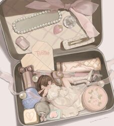 Rule 34 | 1girl, blush, bottle, bow, brown hair, closed eyes, commentary request, container, darico, dress, english text, food, frills, fruit, gem, hair ornament, hairpin, highres, in container, jewelry, kneehighs, lipstick, long hair, long sleeves, lying, makeup, mini person, minigirl, origami, original, paper, pearl (gemstone), perfume bottle, pink bow, pink gemstone, pink ribbon, ribbon, ring, sleeping, socks, solo, sticker, strawberry, white background, white dress, white footwear