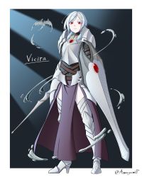 Rule 34 | 1girl, albino, amagamip, armor, armored boots, arms at sides, bat (animal), boots, border, breastplate, commentary request, covered navel, earrings, faulds, full body, high heels, highres, jewelry, knight, looking at viewer, original, pale skin, pelvic curtain, plate armor, red eyes, shield, shoulder armor, signature, solo, thigh boots, thighhighs, vampire, white border, white hair