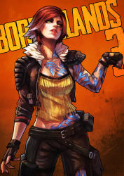 Rule 34 | 1girl, absurdres, arm tattoo, armor, black gloves, borderlands (series), borderlands 3, breasts, cleavage, clenched hand, commentary, copyright name, english commentary, fingerless gloves, fist bump, gloves, highres, lilith (borderlands), lipstick, makeup, medium breasts, mole, monori rogue, multicolored hair, orange background, pants, pouch, red hair, short hair, shoulder armor, siren (borderlands), solo, streaked hair, tattoo, thigh pouch, two-tone hair, white hair, yellow eyes