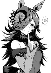 Rule 34 | 1girl, absurdres, animal ears, bare shoulders, blush, breasts, closed mouth, commentary request, dress, fang, fang out, flower, greyscale, hair over one eye, hand up, hat, hat flower, heart, highres, horse ears, index finger raised, long sleeves, looking at viewer, monochrome, off-shoulder dress, off shoulder, raised eyebrows, reon (dainagon azuki), rice shower (umamusume), sleeves past wrists, small breasts, solo, spoken heart, sweatdrop, umamusume, upper body