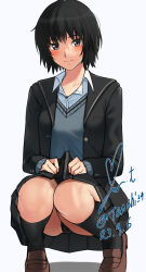 Rule 34 | 1girl, amagami, black cardigan, black hair, black sailor collar, black skirt, blue sweater, blush, brown eyes, brown footwear, cardigan, clothes lift, collarbone, collared shirt, commentary, dated, dress shirt, highres, kibito high school uniform, knees together feet apart, lifted by self, light smile, loafers, long sleeves, looking at viewer, nanasaki ai, open cardigan, open clothes, pleated skirt, revision, sailor collar, school uniform, shadow, shirt, shoes, short hair, signature, simple background, skirt, skirt lift, smile, solo, squatting, sweater, swimsuit, swimsuit under clothes, twitter username, upskirt, white background, white shirt, yoo tenchi