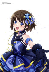 Rule 34 | :d, absurdres, armband, black choker, black gloves, blue dress, blue eyes, brown hair, choker, dress, extreme hearts, frilled choker, frills, gloves, hair ribbon, hayama hiyori, highres, looking at viewer, megami magazine, niigaki kazunari, official art, open mouth, outstretched arms, reaching, reaching towards viewer, ribbon, scan, short hair, simple background, smile, white background