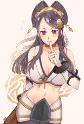 Rule 34 | 1girl, breasts, cleavage, finger to mouth, fire emblem, fire emblem fates, hair ornament, highres, midriff, navel, nintendo, noshio, orochi (fire emblem), purple eyes, purple hair, simple background, smile, solo, stomach, upper body