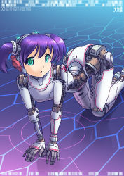 Rule 34 | 1girl, :o, absurdres, all fours, android, barcode, binary, damaged, full body, green eyes, headgear, highres, looking at viewer, mecha musume, mechanical parts, original, purple hair, ringed eyes, robot ears, short twintails, solo, tsune (dreamers express), twintails