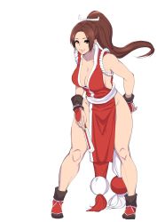 Rule 34 | 1girl, bare legs, bare shoulders, breasts, brown eyes, brown hair, cleavage, folded fan, closed mouth, collarbone, fatal fury, folding fan, groin, hair ribbon, hand fan, hand on own hip, hand on thigh, high ponytail, highres, hip focus, holding, holding fan, japanese clothes, knees, kuma8132, large breasts, leaning forward, lips, long hair, looking at viewer, ninja, obi, pelvic curtain, ponytail, revealing clothes, ribbon, rope, sash, shiranui mai, sideboob, simple background, sleeveless, smile, snk, solo, standing, the king of fighters, thick thighs, thighs, white background, white ribbon, white sash, wrist guards