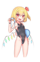 Rule 34 | 1girl, black one-piece swimsuit, blonde hair, commentary request, competition swimsuit, cropped legs, unworn eyewear, fangs, flandre scarlet, goggles, unworn goggles, hair between eyes, harunoha, highleg, highleg swimsuit, holding, holding removed eyewear, kickboard, one-piece swimsuit, one side up, red eyes, short hair, simple background, slit pupils, smile, solo, standing, swimsuit, thighs, touhou, white background, wings
