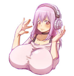 Rule 34 | 1girl, blush, breasts, headphones, huge breasts, impossible clothes, impossible shirt, nitroplus, pink eyes, pink hair, shirt, super sonico, warumono tomii