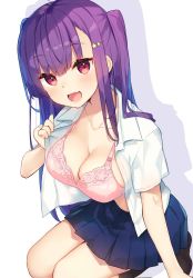 Rule 34 | 1girl, :d, bekotarou, black socks, bra, breasts, cleavage, fang, hair ornament, hairclip, head tilt, highres, long hair, looking at viewer, medium breasts, open clothes, open mouth, open shirt, original, pink bra, pinky out, pleated skirt, purple hair, red eyes, school uniform, seiza, sidelocks, sitting, skin fang, skirt, smile, socks, solo, two side up, underwear