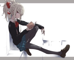 Rule 34 | 1girl, alternate costume, black pantyhose, blue skirt, book, bow, flat chest, fujiwara no mokou, full body, hair bow, hama chon, high ponytail, loafers, long hair, long sleeves, looking at viewer, miniskirt, pantyhose, plaid, plaid skirt, ponytail, school uniform, shoes, sidelocks, simple background, sitting, skirt, solo, sweater, touhou