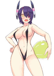 Rule 34 | 10s, 1girl, alternate costume, ball, beachball, bikini, black bikini, blush, breasts, eyepatch, fang, hand on own hip, headgear, kantai collection, large breasts, looking at viewer, navel, open mouth, purple hair, short hair, simple background, slingshot swimsuit, solo, swimsuit, tenryuu (kancolle), white background, yellow eyes, yuuji (and)