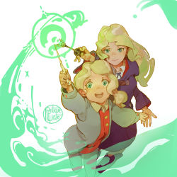 Rule 34 | 10s, :d, absurdres, age progression, antiquewhite, artist name, blonde hair, child, commentary, diana cavendish, green eyes, highres, little witch academia, magic, open mouth, robe, smile, wand, white background, aged down