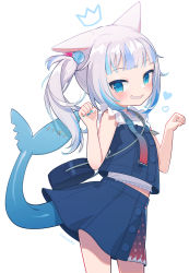 Rule 34 | 1girl, animal ears, blue eyes, blue hair, blue skirt, blush, cat ears, commentary request, fins, fish tail, gawr gura, gawr gura (casual), hair ornament, heart, highres, hololive, hololive english, midriff peek, multicolored hair, paw pose, shark tail, sharp teeth, side ponytail, simple background, skirt, smile, solo, tail, teeth, twitter username, two-tone hair, uchako, virtual youtuber, white background, white hair