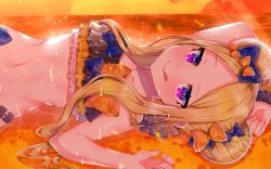 Rule 34 | 1girl, abigail williams (emerald float) (fate), abigail williams (fate), akirannu, bare shoulders, beach, bikini, black bikini, black bow, blonde hair, blush, bow, breasts, closed mouth, double bun, emerald float, fate/grand order, fate (series), forehead, frilled bikini, frills, hair bow, hair bun, licking lips, long hair, looking at viewer, lying, multiple hair bows, navel, ocean, official alternate costume, on back, orange bow, orange sky, parted bangs, purple eyes, sidelocks, sky, small breasts, smile, sparkle, swimsuit, tongue, tongue out, twilight, wet