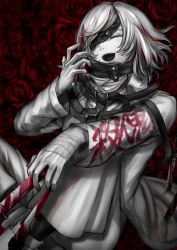 Rule 34 | 1boy, absurdres, akudama drive, arm wrap, bandages, bandaged hand, blood, blood on face, blood on clothes, bloody weapon, cutthroat (akudama drive), eyepatch, closed eyes, flower, greyscale, highres, holding, holding knife, holding weapon, knife, long sleeves, male focus, mole, mole under eye, monochrome, nemuritaa, open mouth, pale skin, parted lips, red flower, red rose, rose, spot color, weapon