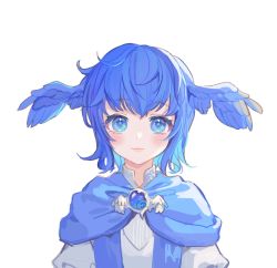 Rule 34 | 1girl, bird wings, blue capelet, blue eyes, blue gemstone, blue hair, brooch, capelet, commentary request, feathered wings, final fantasy, final fantasy xiv, gem, head wings, high collar, highres, jewelry, korean commentary, looking at viewer, meteion, portrait, seabed stars, short hair, simple background, smile, solo, straight-on, white background, wings