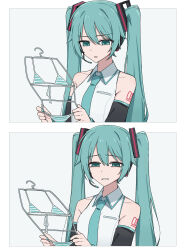 Rule 34 | 1girl, 2koma, absurdres, aqua eyes, aqua hair, aqua necktie, bikini, breasts, channel ( caststation), clothes hanger, comic, disgust, fingernails, hatsune miku, headset, highres, holding, holding clothes hanger, long hair, looking at object, looking at viewer, meme, nail polish, necktie, shirt, silent comic, sleeveless, sleeveless shirt, small breasts, striped bikini, striped clothes, swimsuit, twintails, unworn bikini, upper body, very long hair, vocaloid, winnie the pooh reading (meme)