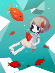 Rule 34 | 1girl, aged down, barefoot, bubble, cube, dress, female focus, fish, ghost, goldfish, gradient background, short hair, solo, underwater