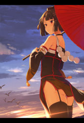 Rule 34 | 1girl, ass, bare shoulders, bird, black hair, black thighhighs, blush, cloud, cloudy sky, cowboy shot, detached sleeves, flat ass, from side, garter straps, geta, hair ornament, hairclip, hat, japanese clothes, kinta (distortion), letterboxed, looking to the side, oil-paper umbrella, original, red eyes, short hair, side slit, sky, solo, standing, tassel, thighhighs, thighs, tokin hat, umbrella
