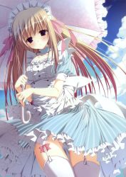 Rule 34 | 1girl, absurdres, blonde hair, blue sky, blush, bow, breasts, choker, closed mouth, cloud, cloudy sky, collar, collarbone, day, detached collar, dot nose, dress, feet out of frame, female focus, frilled collar, frilled dress, frills, from below, garter straps, hair ornament, hair ribbon, hairband, highres, holding, huge filesize, inugami kira, legs, lolita fashion, lolita hairband, long hair, looking at viewer, maid headdress, medium breasts, no pupils, outdoors, parasol, purple eyes, ribbon, sky, smile, solo, standing, thigh gap, thighhighs, thighs, umbrella, white thighhighs, zettai ryouiki